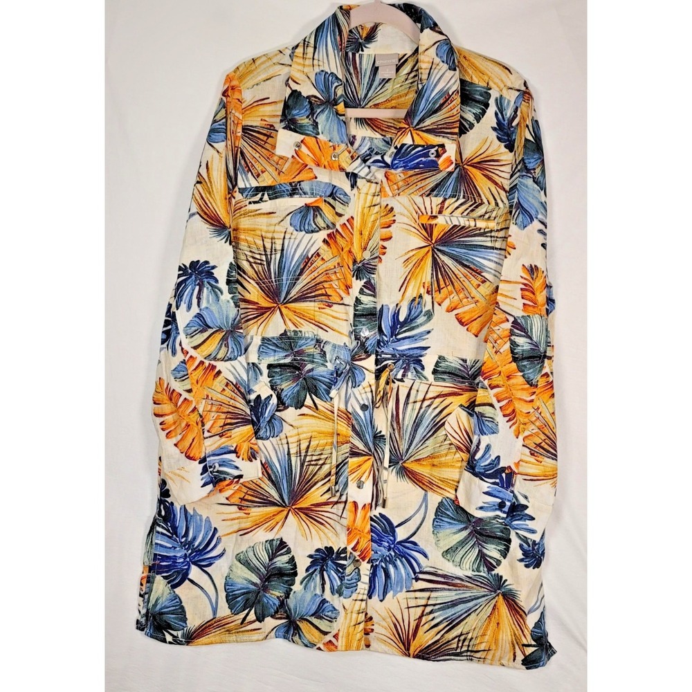 Chico's Linen Jacket Dress XL Womens Tropical Leaf Print Snap Drawstring Beachy